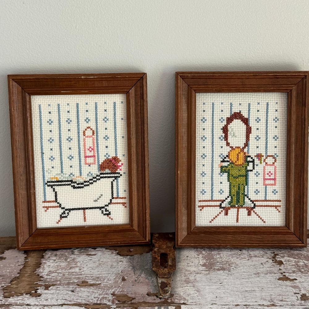 Vintage Handmade Cross Stitch Bathroom Wall Art Set of 2 Wood Frame Cottagecore